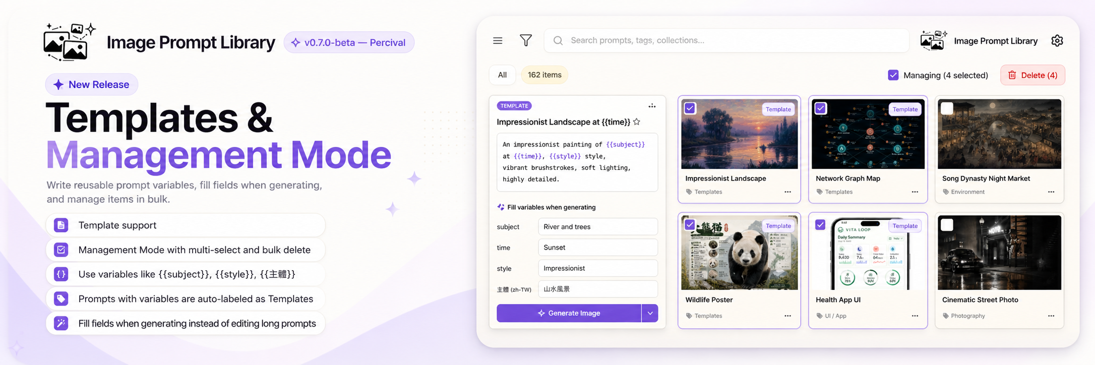 Image Prompt Library v0.7.3-beta Safer Queue Recovery banner showing the app Cards view and local generation workflow highlights